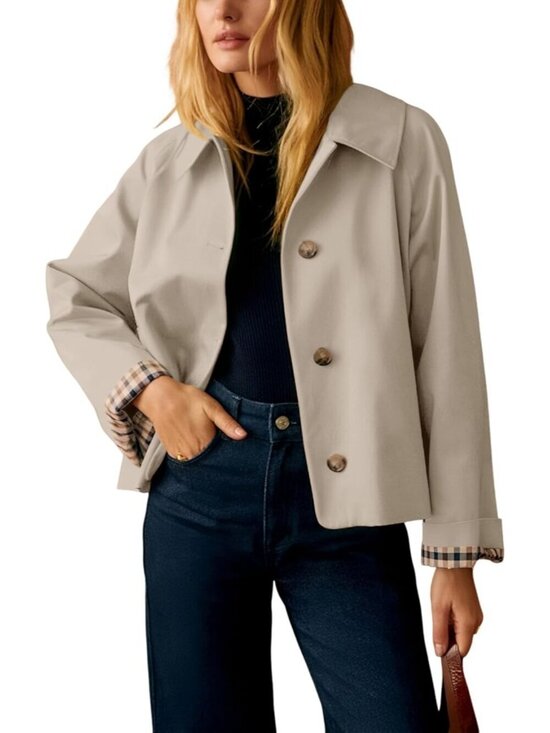 Jackets & Blazers - Women's Beige Plaid Lining Button Front Lightweight Classic Short Trench Jacket